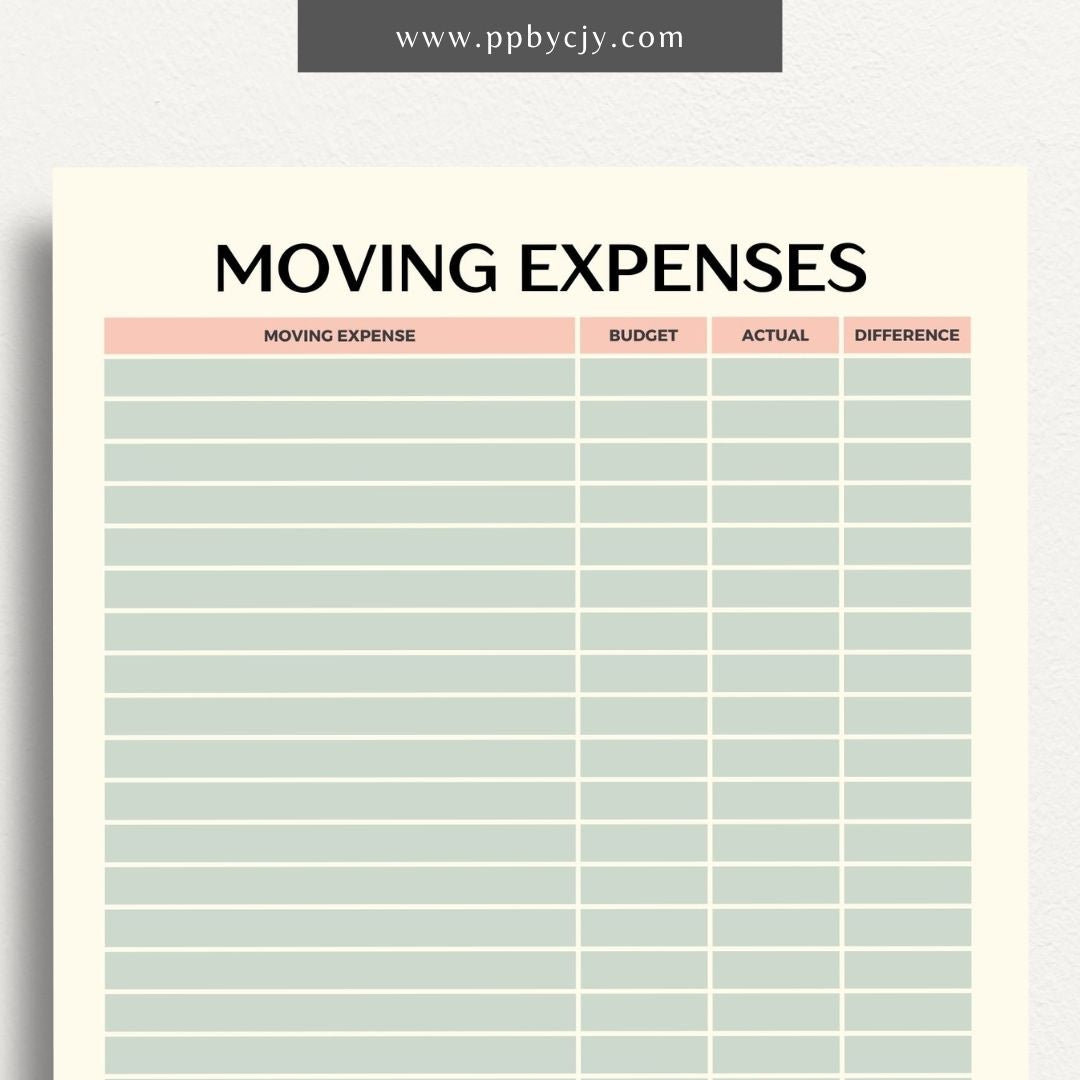 printable template page with columns and rows related to moving budgets