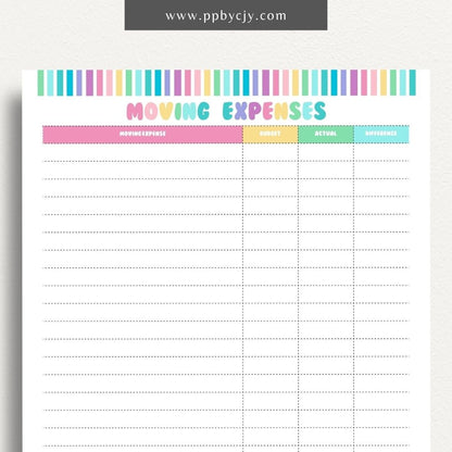 printable template page with columns and rows related to moving budgets