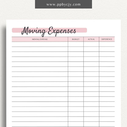 printable template page with columns and rows related to moving budgets