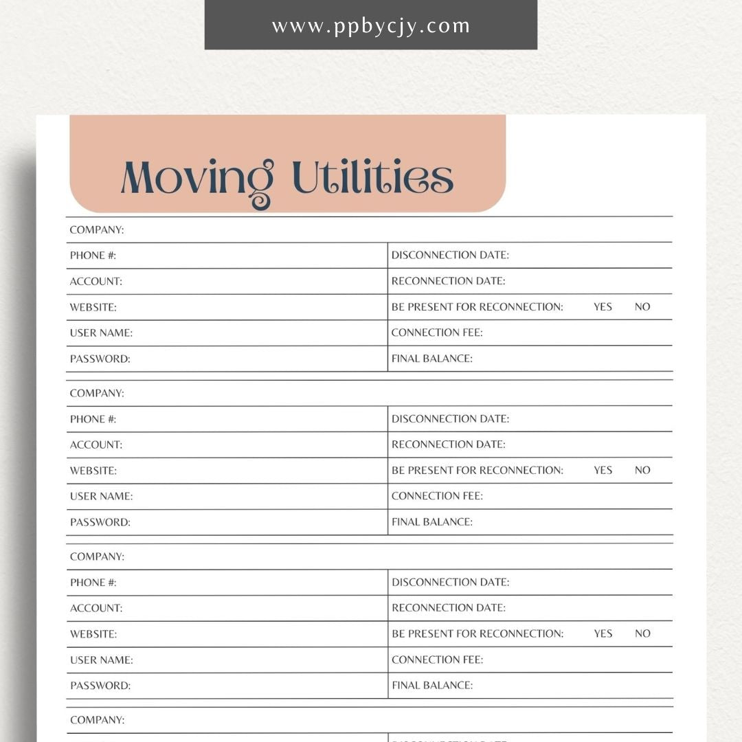 Moving Utilities Provider Printable Template – Digital download for organizing and managing information about utility providers and services during a move, including contact details and account numbers.