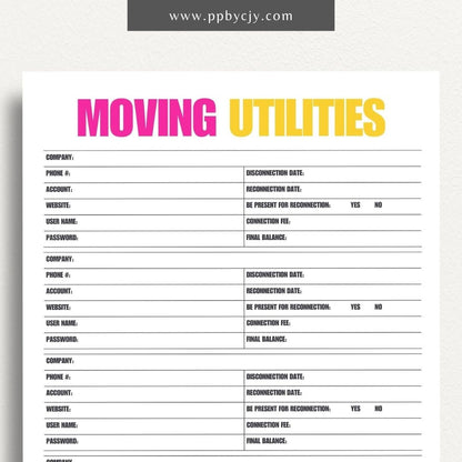 Moving Utilities Provider Printable Template – Digital download for organizing and managing information about utility providers and services during a move, including contact details and account numbers.