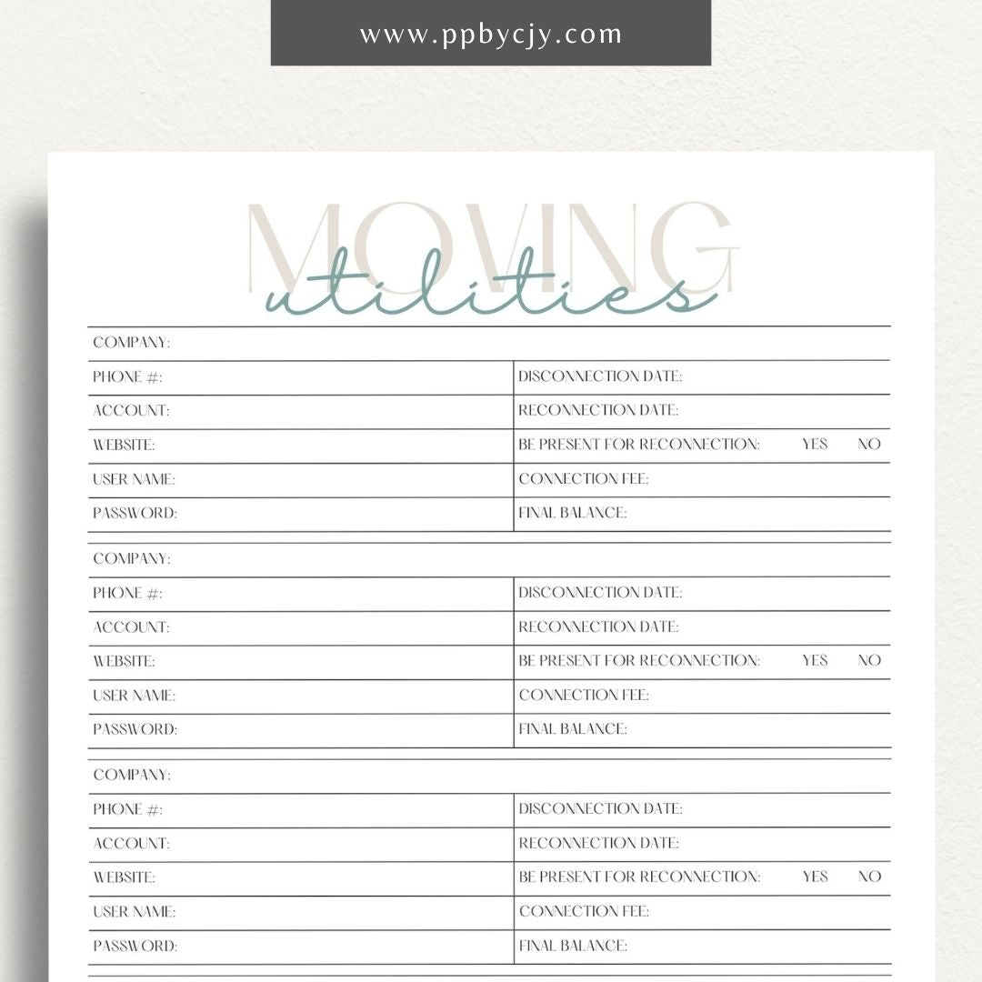 Moving Utilities Provider Printable Template – Digital download for organizing and managing information about utility providers and services during a move, including contact details and account numbers.