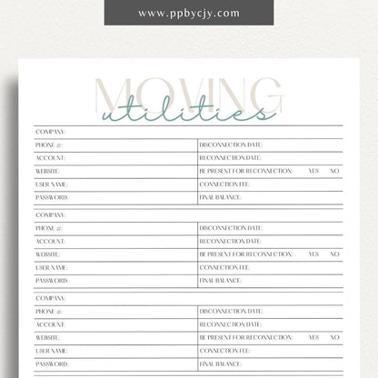 Moving Utilities Provider Printable Template – Digital download for organizing and managing information about utility providers and services during a move, including contact details and account numbers.