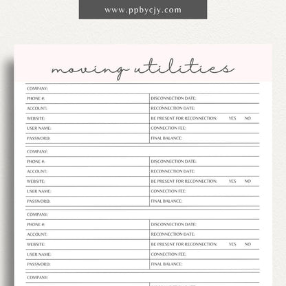 Moving Utilities Provider Printable Template – Digital download for organizing and managing information about utility providers and services during a move, including contact details and account numbers.