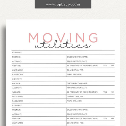 Moving Utilities Provider Printable Template – Digital download for organizing and managing information about utility providers and services during a move, including contact details and account numbers.