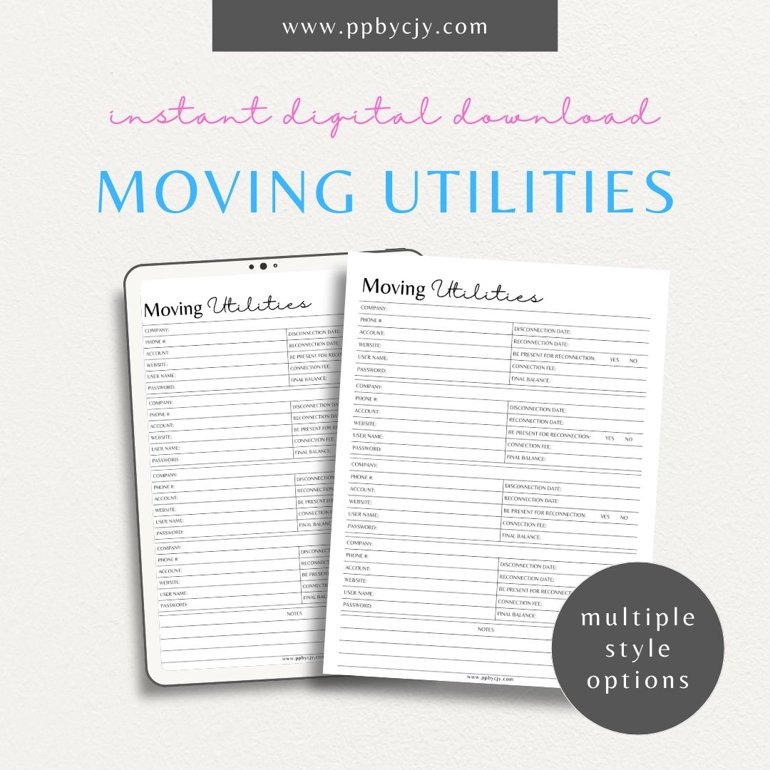 Moving Utilities Provider Printable Template – Digital download for organizing and managing information about utility providers and services during a move, including contact details and account numbers.