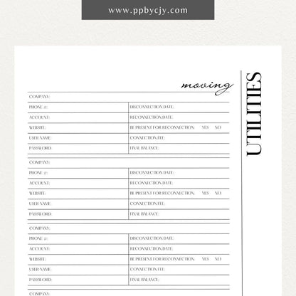 Moving Utilities Provider Printable Template – Digital download for organizing and managing information about utility providers and services during a move, including contact details and account numbers.