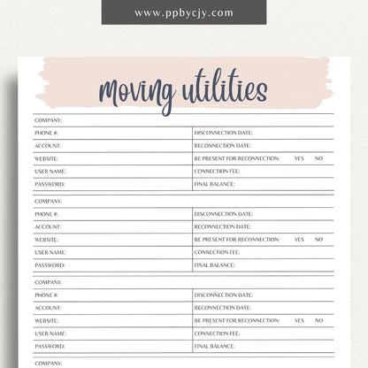 Moving Utilities Provider Printable Template – Digital download for organizing and managing information about utility providers and services during a move, including contact details and account numbers.