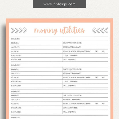 Moving Utilities Provider Printable Template – Digital download for organizing and managing information about utility providers and services during a move, including contact details and account numbers.