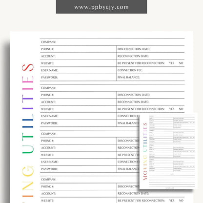 Moving Utilities Provider Printable Template – Digital download for organizing and managing information about utility providers and services during a move, including contact details and account numbers.