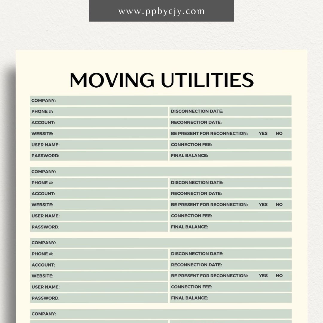 Moving Utilities Provider Printable Template – Digital download for organizing and managing information about utility providers and services during a move, including contact details and account numbers.