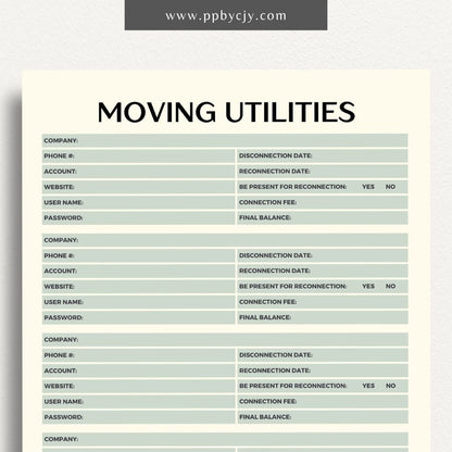 Moving Utilities Provider Printable Template – Digital download for organizing and managing information about utility providers and services during a move, including contact details and account numbers.