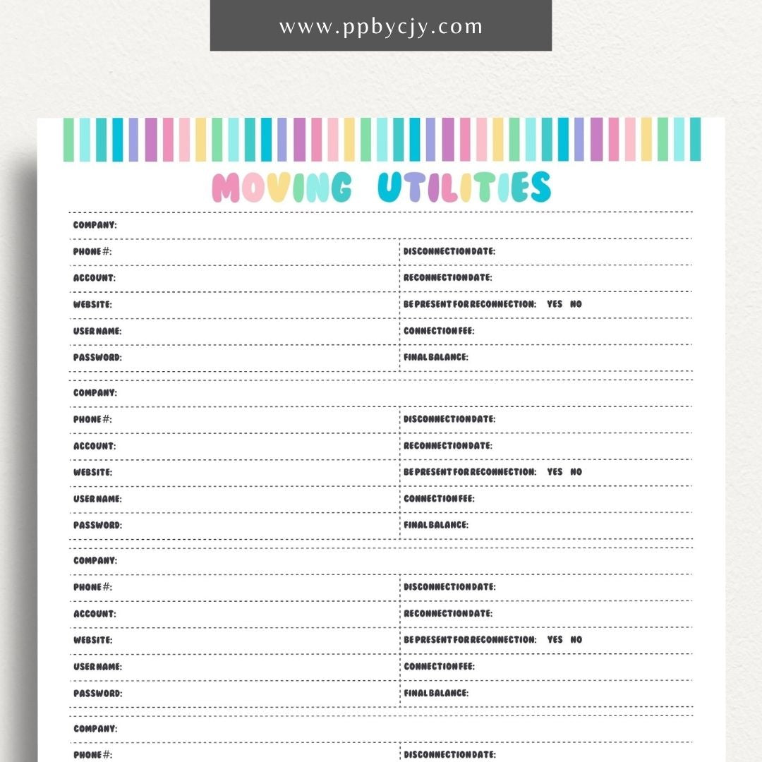 Moving Utilities Provider Printable Template – Digital download for organizing and managing information about utility providers and services during a move, including contact details and account numbers.