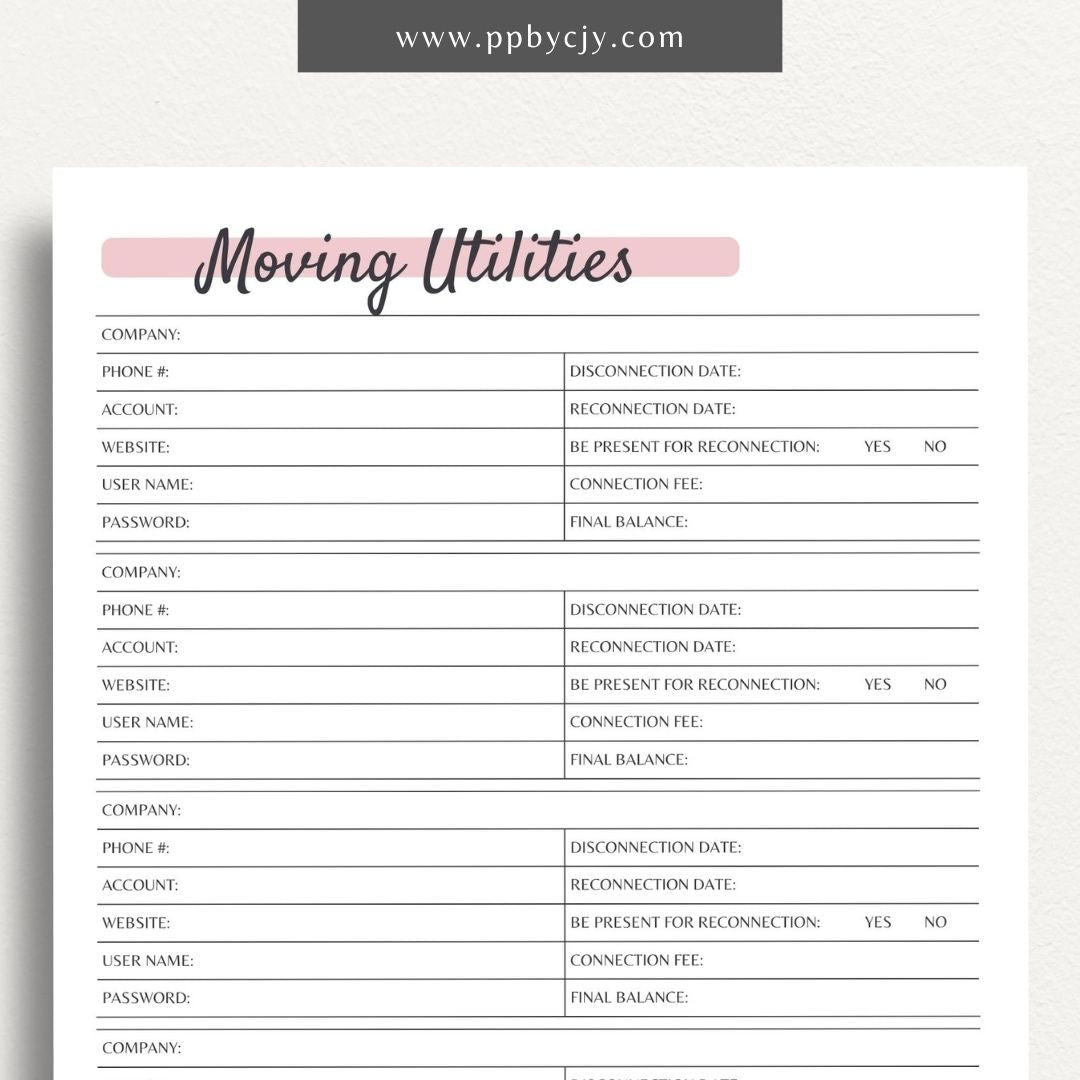 Moving Utility Contact List Printable PDF Template