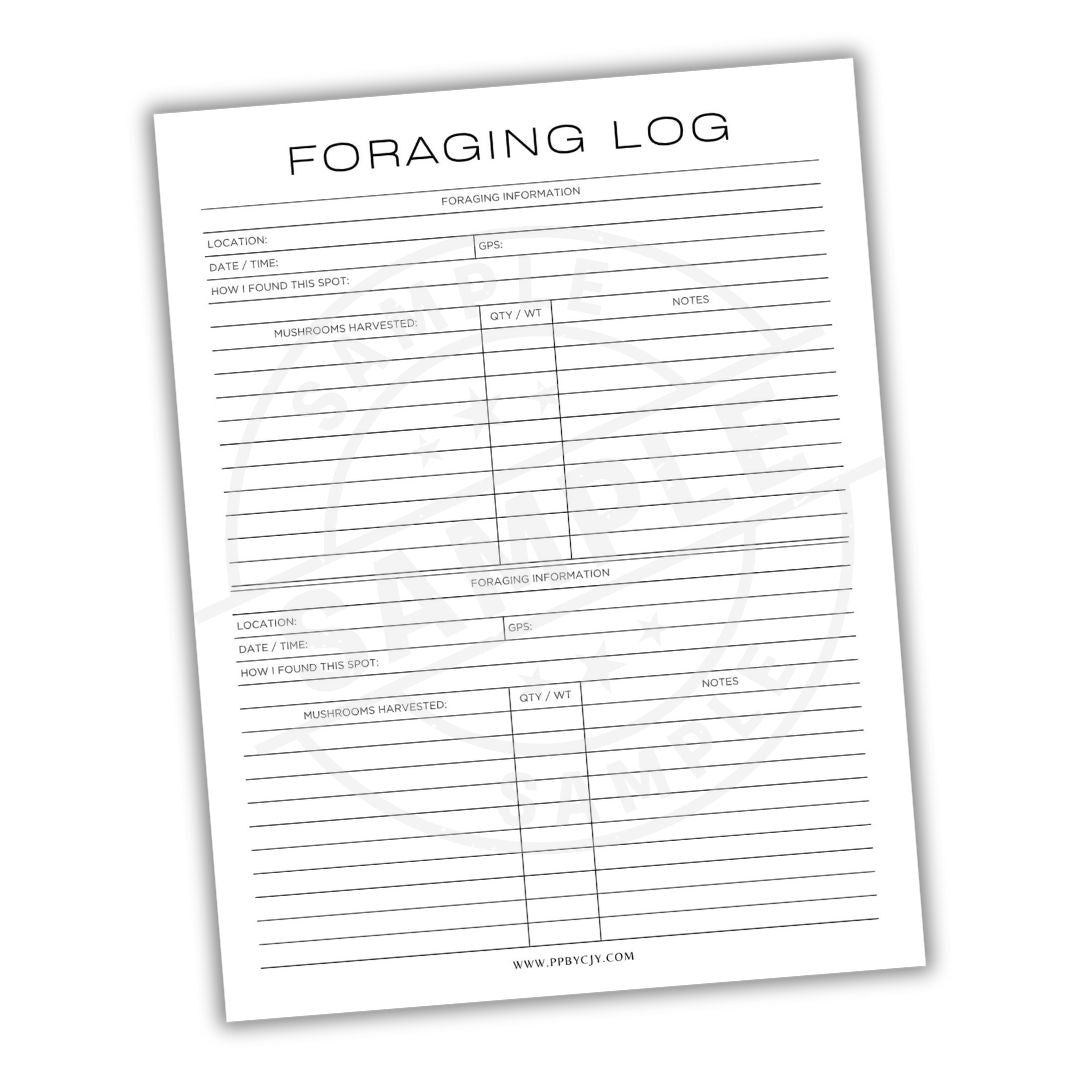 Foraging log sheet with columns for location, date/time, how found, quantity/weight, and notes on a white background.