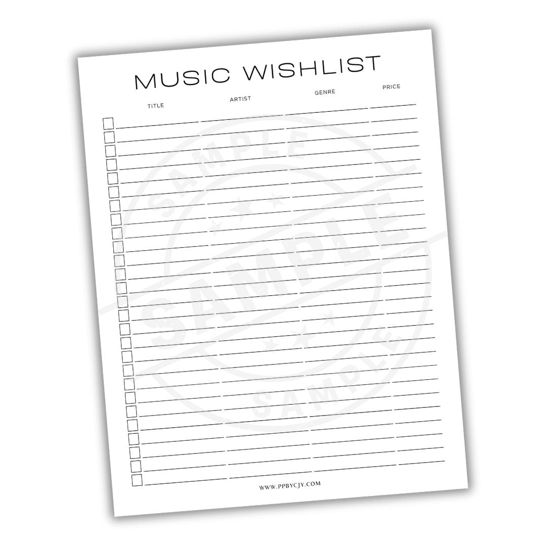 Music wishlist sheet with columns for title, artist, genre, and price on a white background.