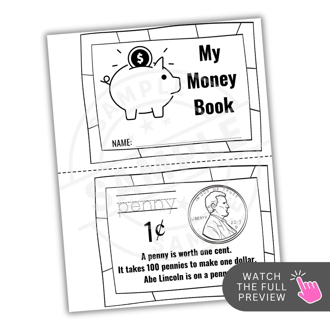 Black and white 'My Money Book' with piggy bank and penny illustration on a white background.