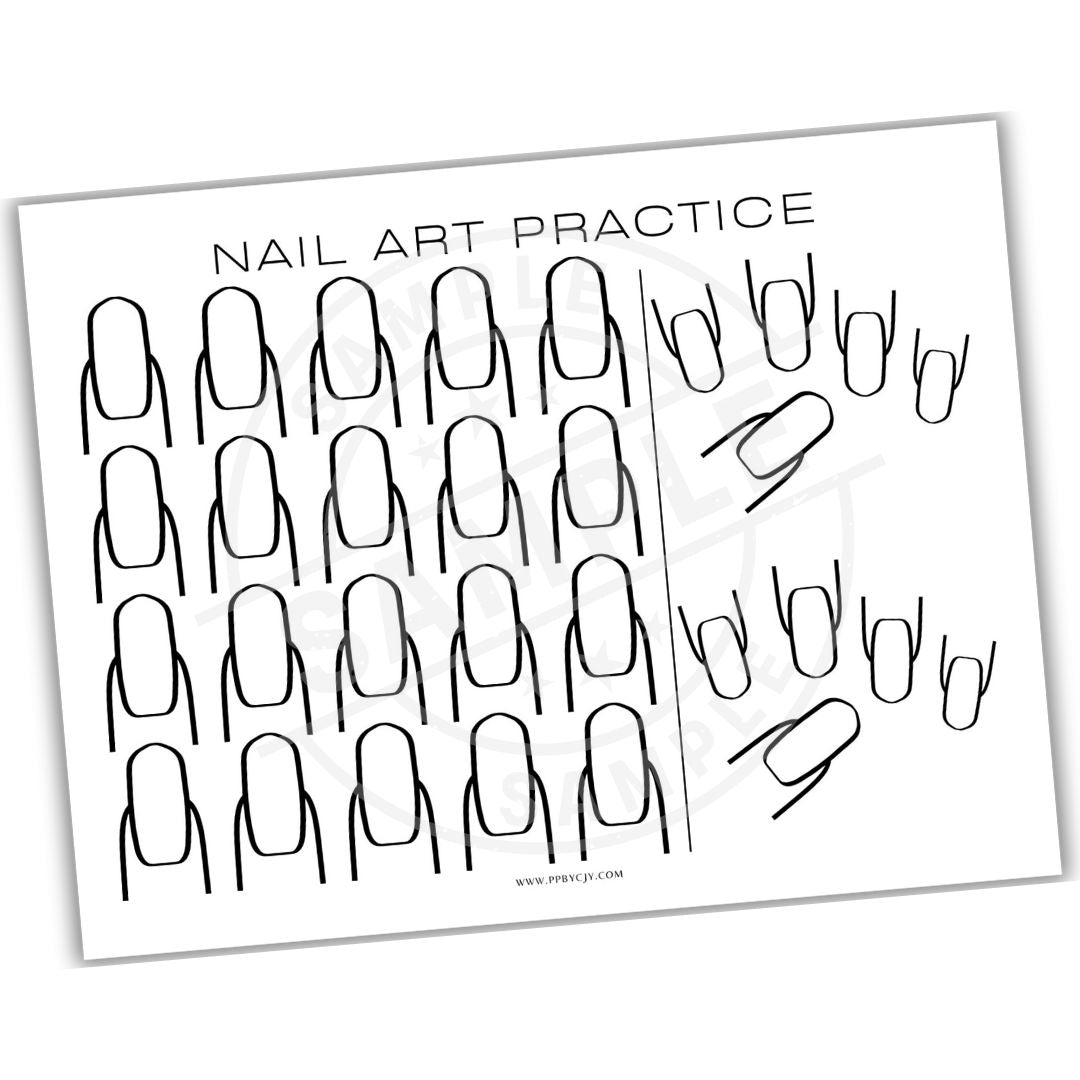 Nail art practice sheet with black outlines of nails on a white background