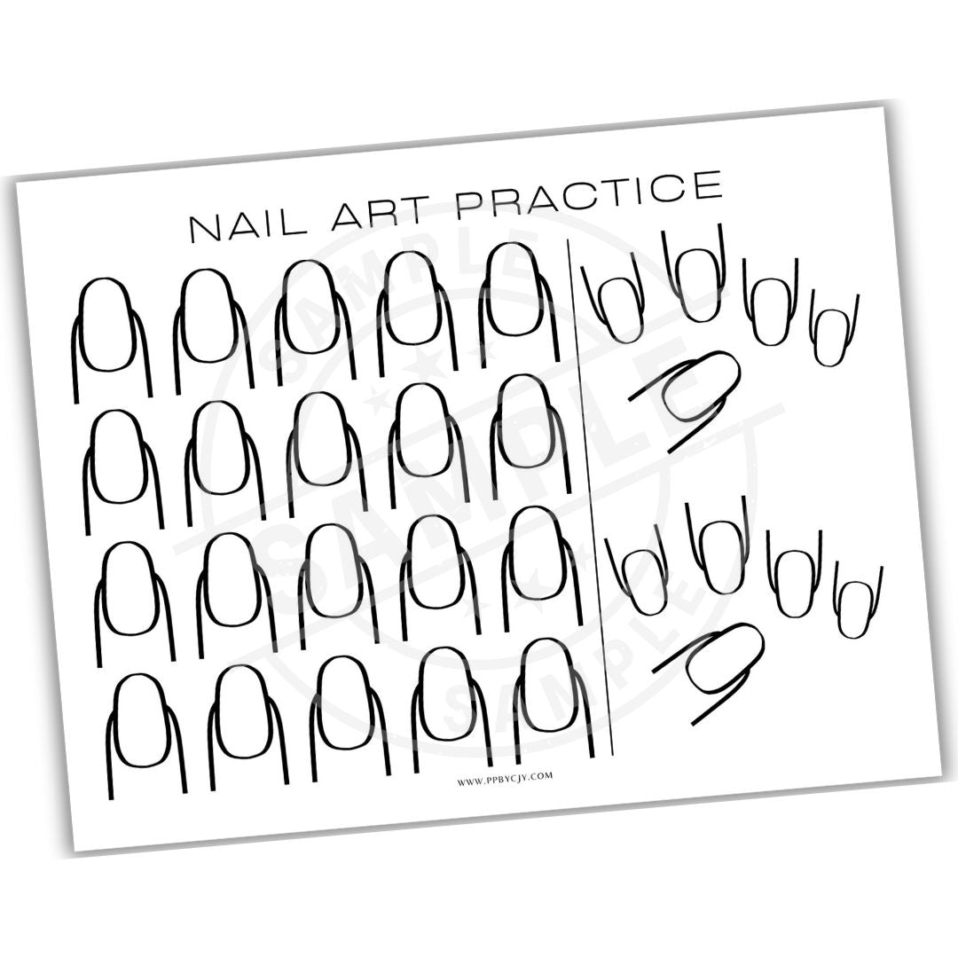 Nail art practice sheet with black outlines on a white background