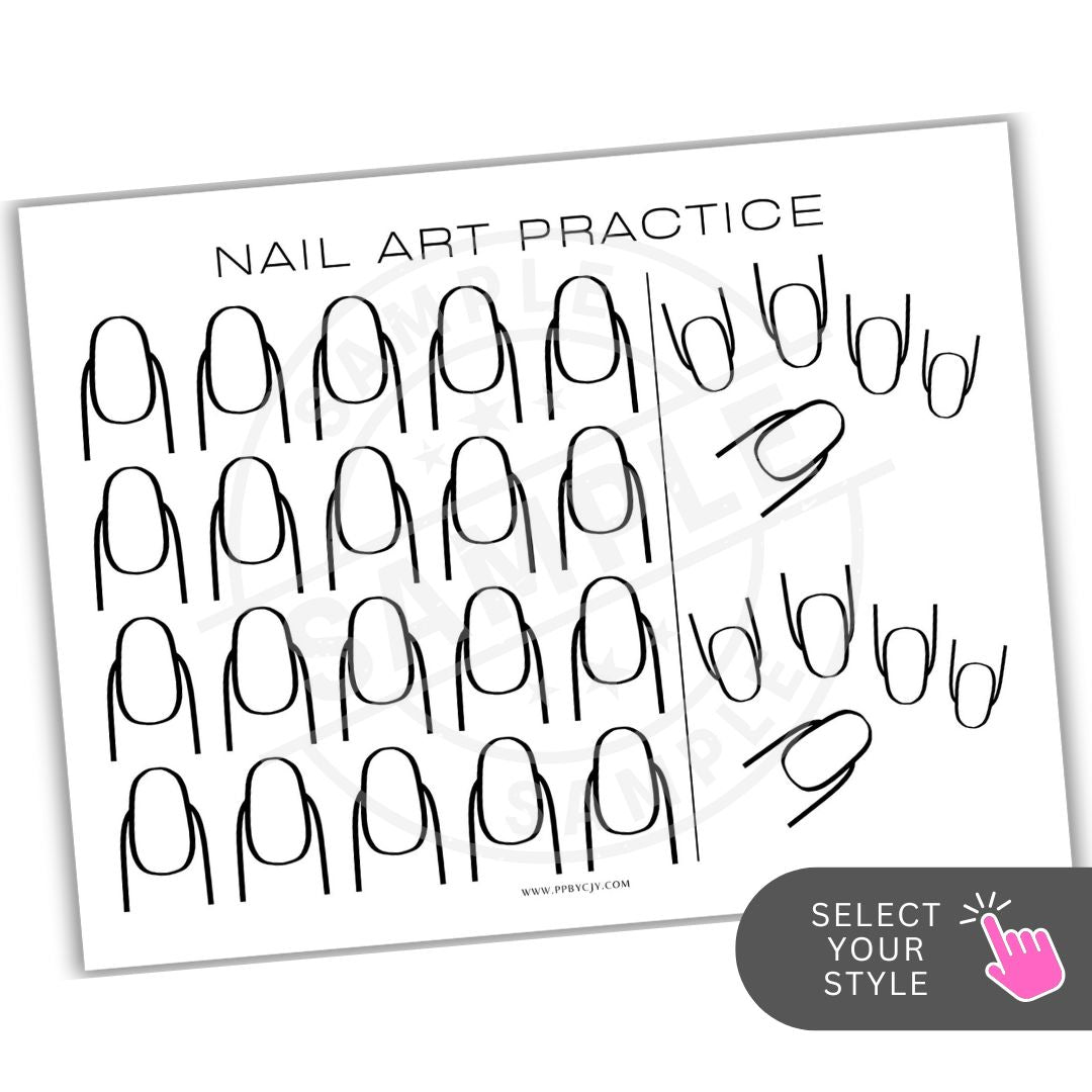 Nail art practice sheet with black nail designs on a white background