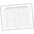 Character naming sheet with columns for first names, meanings, and nicknames on a white background.