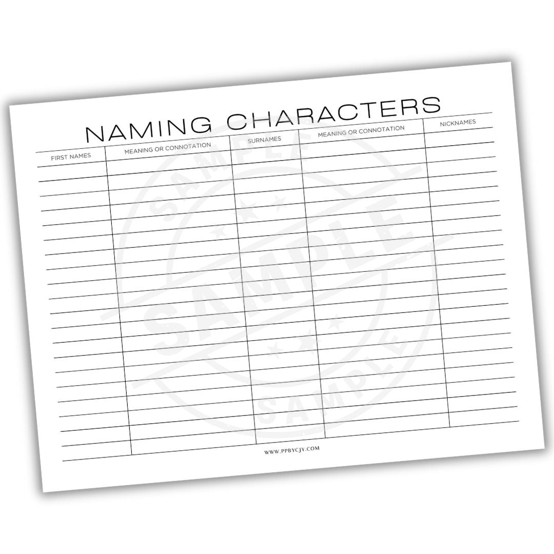 Character naming sheet with columns for first names, meanings, and nicknames on a white background.