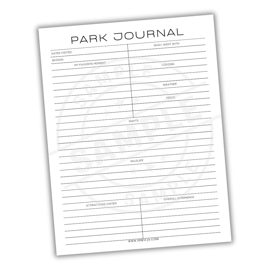 Park Journal sheet with columns for recording details on a white background