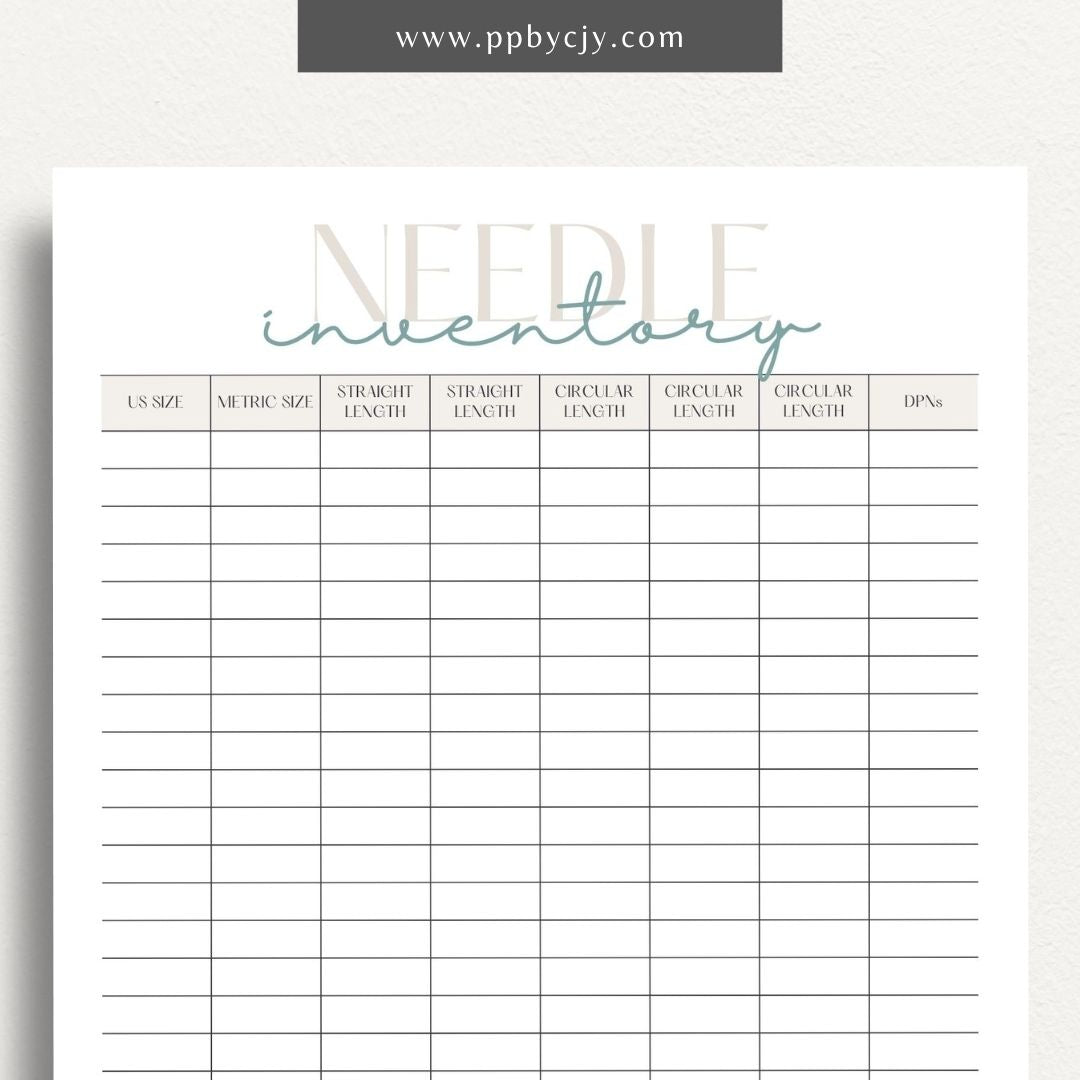 Knitting Needle Inventory Printable Template – Digital download for cataloging and managing your collection of knitting needles.