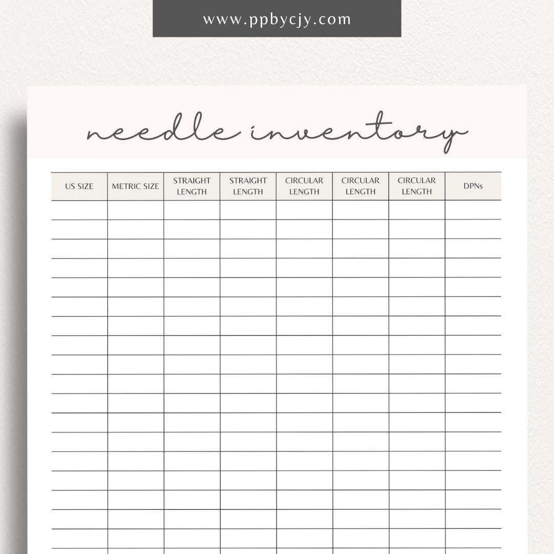 Knitting Needle Inventory Printable Template – Digital download for cataloging and managing your collection of knitting needles.