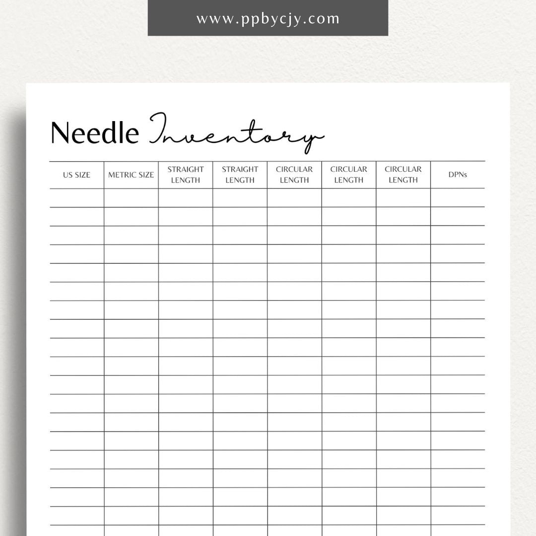 Knitting Needle Inventory Printable Template – Digital download for cataloging and managing your collection of knitting needles.