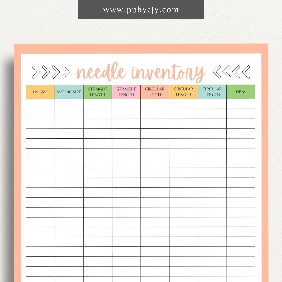 Knitting Needle Inventory Printable Template – Digital download for cataloging and managing your collection of knitting needles.