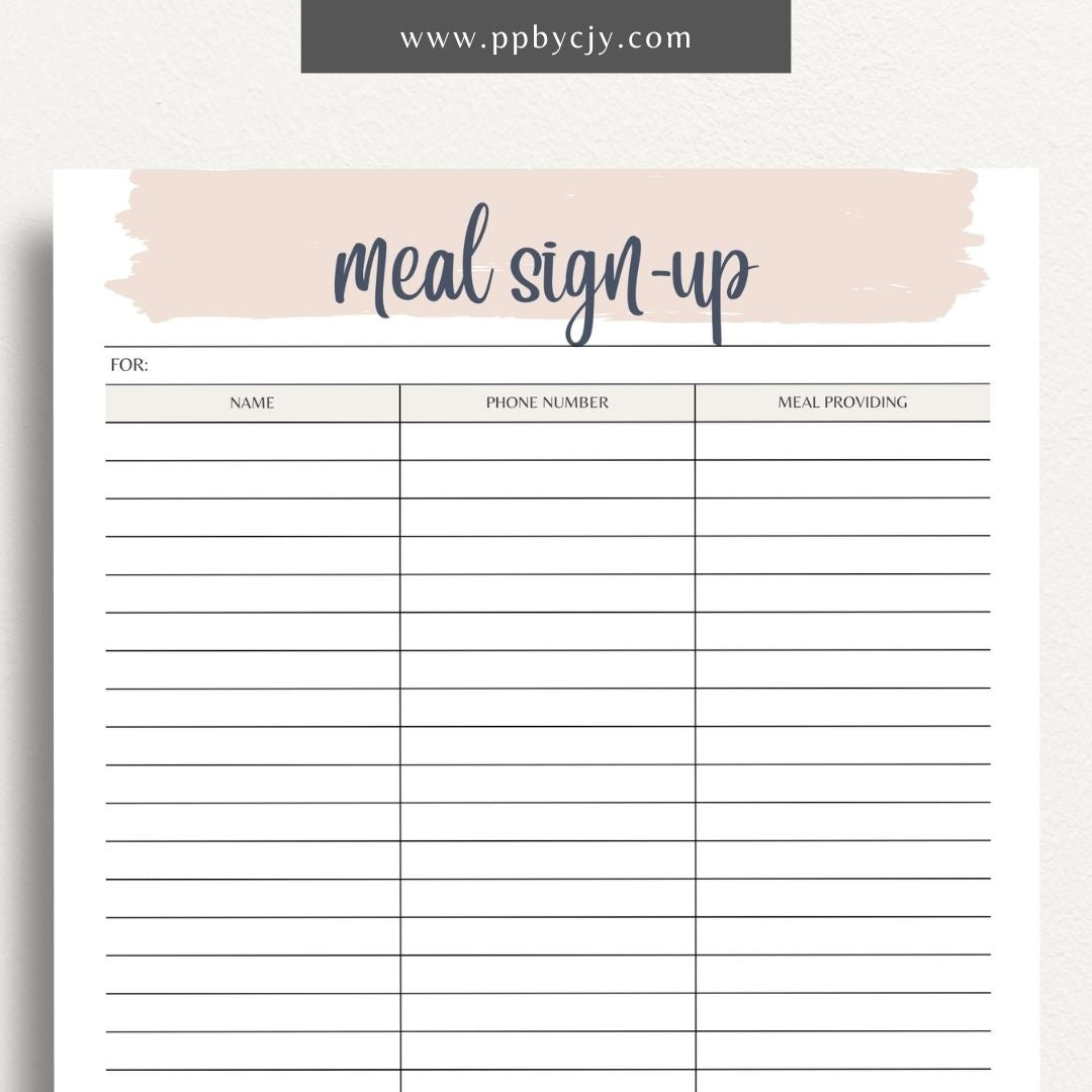 Meal Train Sign-Up Printable Template – Digital download for organizing and coordinating meal deliveries for someone in need.