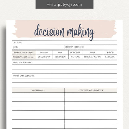 Decision-Making Sheet Printable Template – Digital download for evaluating options, listing pros and cons, and organizing thoughts for confident decision-making.