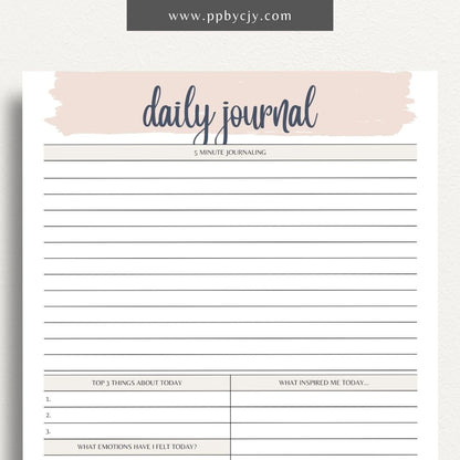 Daily Journal Page Printable Template – Digital download for daily reflection, planning, and journaling, including to-do lists and mood tracking.