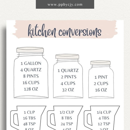 Recipe Ingredient Measurement Conversion Printable Template – Digital download for converting and referencing common ingredient measurements in recipes.