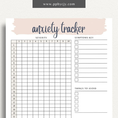  printable template page with columns and rows related to anxiety tracking