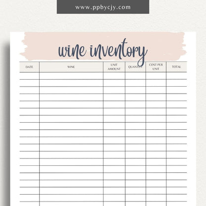 Wine Inventory Printable Template – Digital download for cataloging and managing your wine collection, including details like wine type, vintage, quantity, and storage location