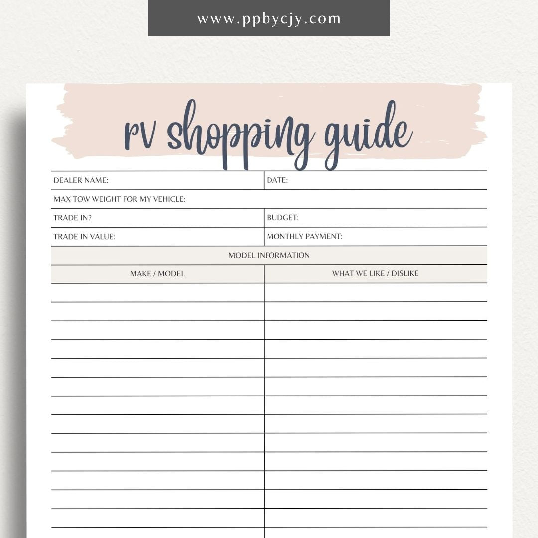 RV Shopping Guide Printable Template – Digital download for planning and organizing your RV purchase or upgrade, including features, checklists, and comparisons