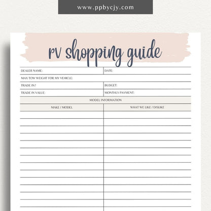 RV Shopping Guide Printable Template – Digital download for planning and organizing your RV purchase or upgrade, including features, checklists, and comparisons