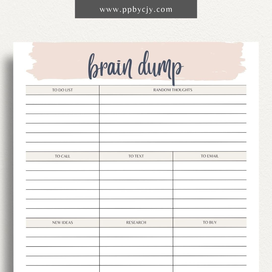 Brain Dump Printable Template – Digital download for decluttering the mind and organizing thoughts and ideas.