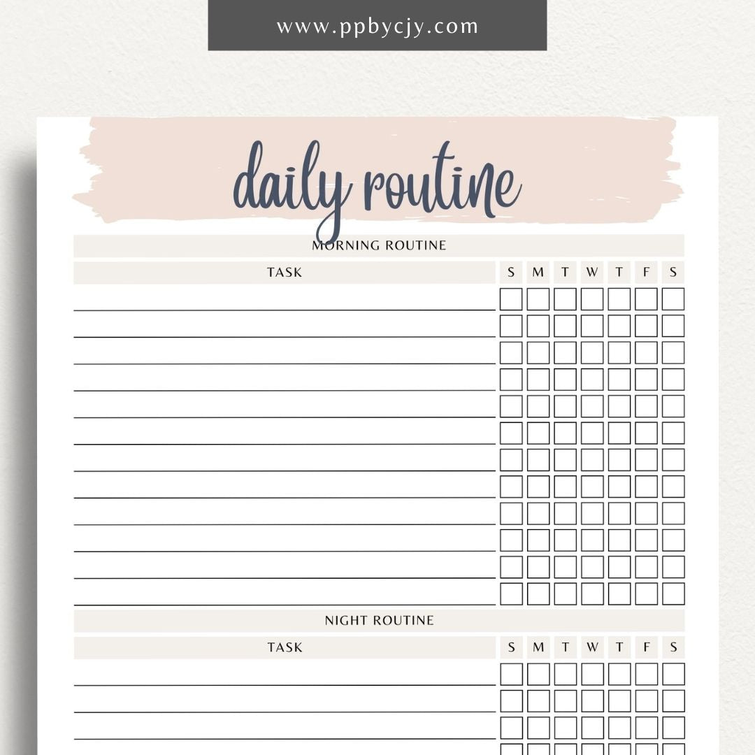 Daily Routine Printable Template – Digital download for planning and organizing daily schedules, tracking habits, and boosting productivity.