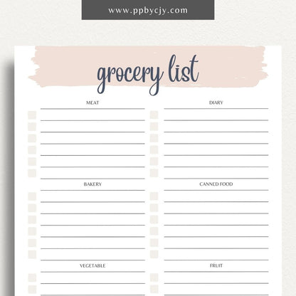 Food Grocery List Printable Template – Digital download for organizing and planning your grocery shopping.