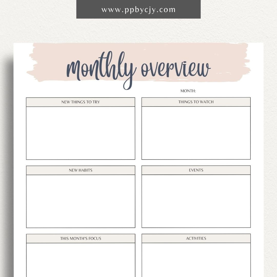 Monthly Overview Printable Template – Digital download for planning monthly schedules, setting goals, and organizing tasks.