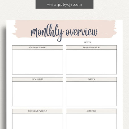 Monthly Overview Printable Template – Digital download for planning monthly schedules, setting goals, and organizing tasks.