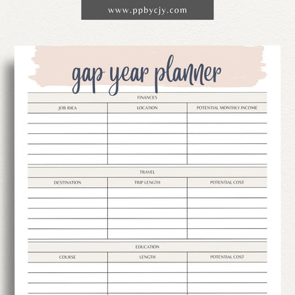 Gap Year Planner Printable Template – Digital download for organizing travel, setting goals, and tracking experiences during your gap year.