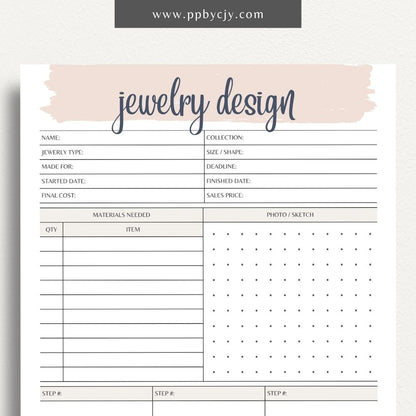 Jewelry Design Plan Printable Template – Digital download for organizing and planning jewelry designs with sections for sketches, materials, and measurements