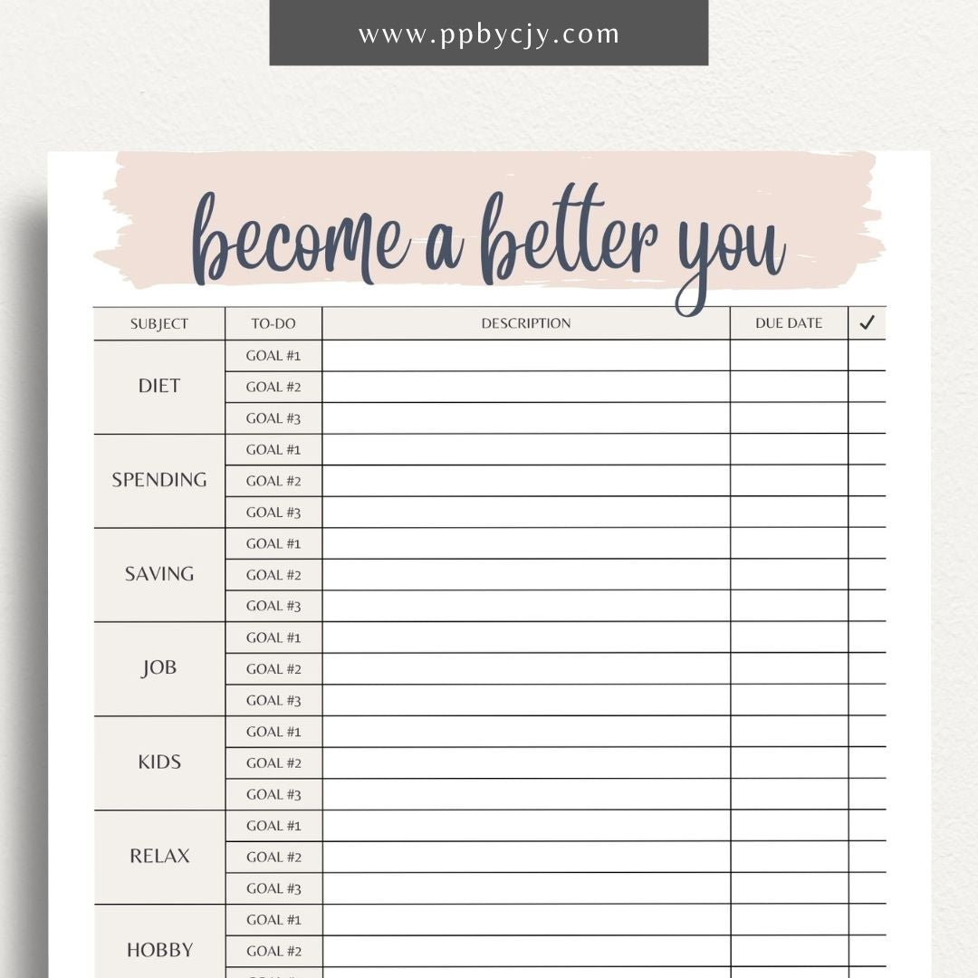 Become a Better You Worksheet Printable Template – Digital download for personal development and self-improvement tracking.