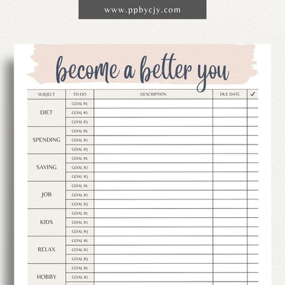 Become a Better You Worksheet Printable Template – Digital download for personal development and self-improvement tracking.