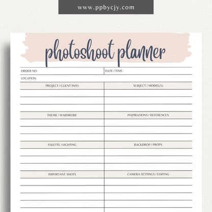 Photoshoot Planner Printable Template – Digital download for organizing and planning photography sessions, shot lists, schedules, and equipment"