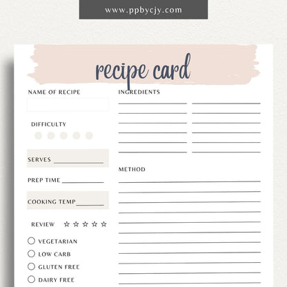 Recipe Card Printable Template – Digital download for organizing and documenting your favorite recipes and cooking instructions